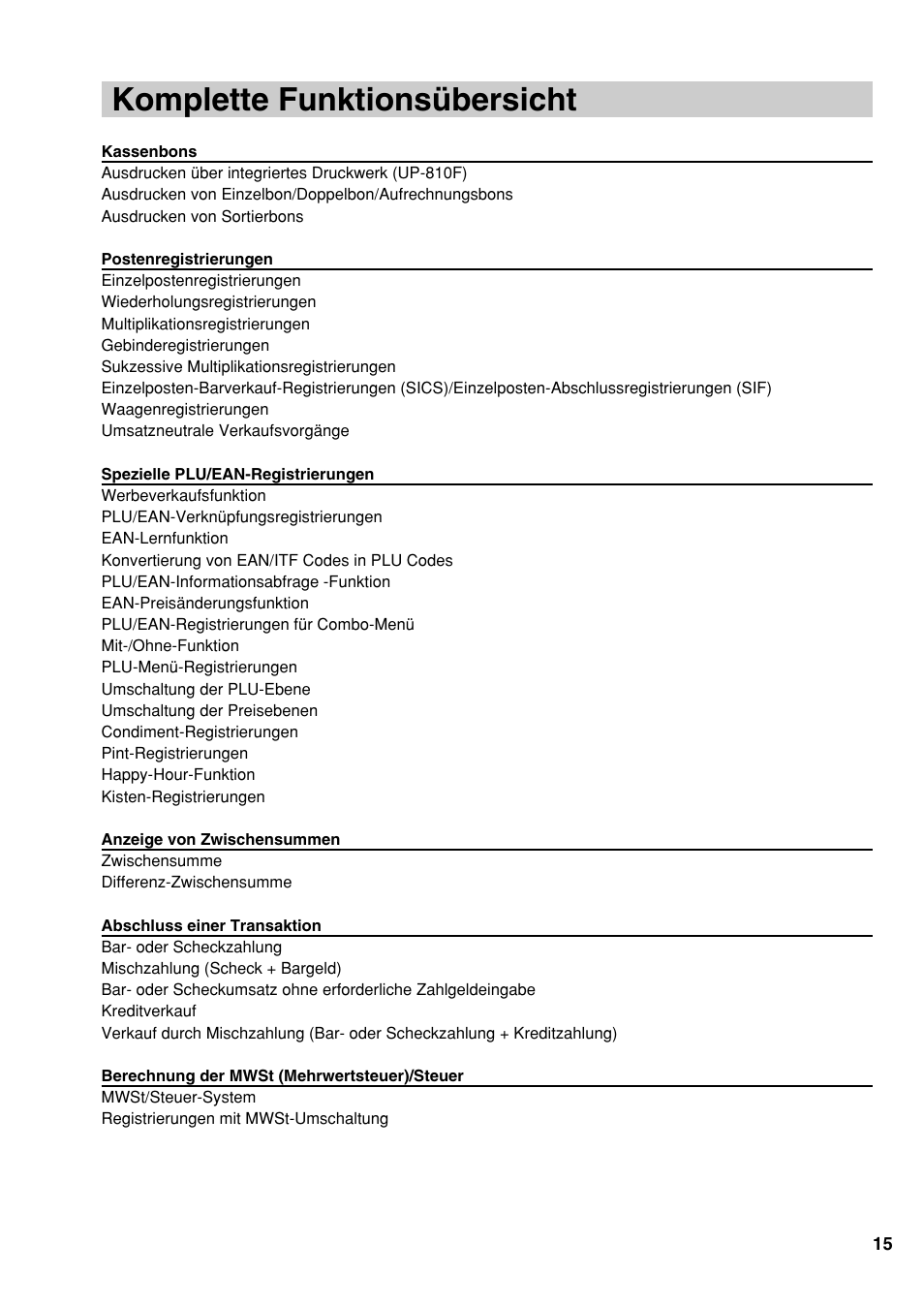 Komplette funktionsübersicht | Sharp UP-810F User Manual | Page 35 / 80