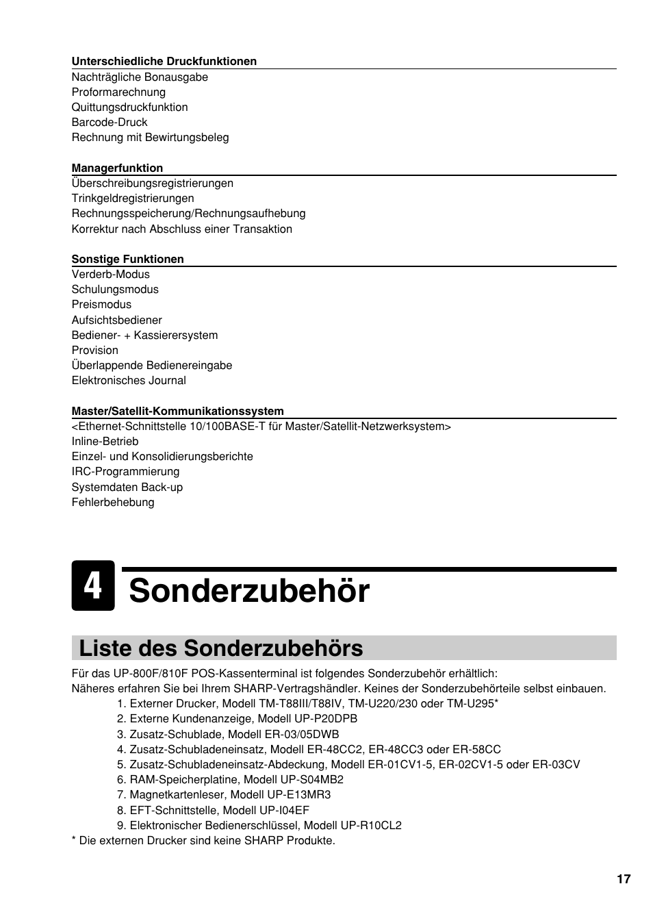 Sonderzubehör, Liste des sonderzubehörs | Sharp UP-810F User Manual | Page 37 / 80