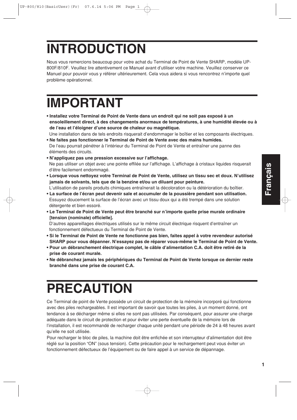 Introduction, Important, Precaution | Français | Sharp UP-810F User Manual | Page 39 / 80