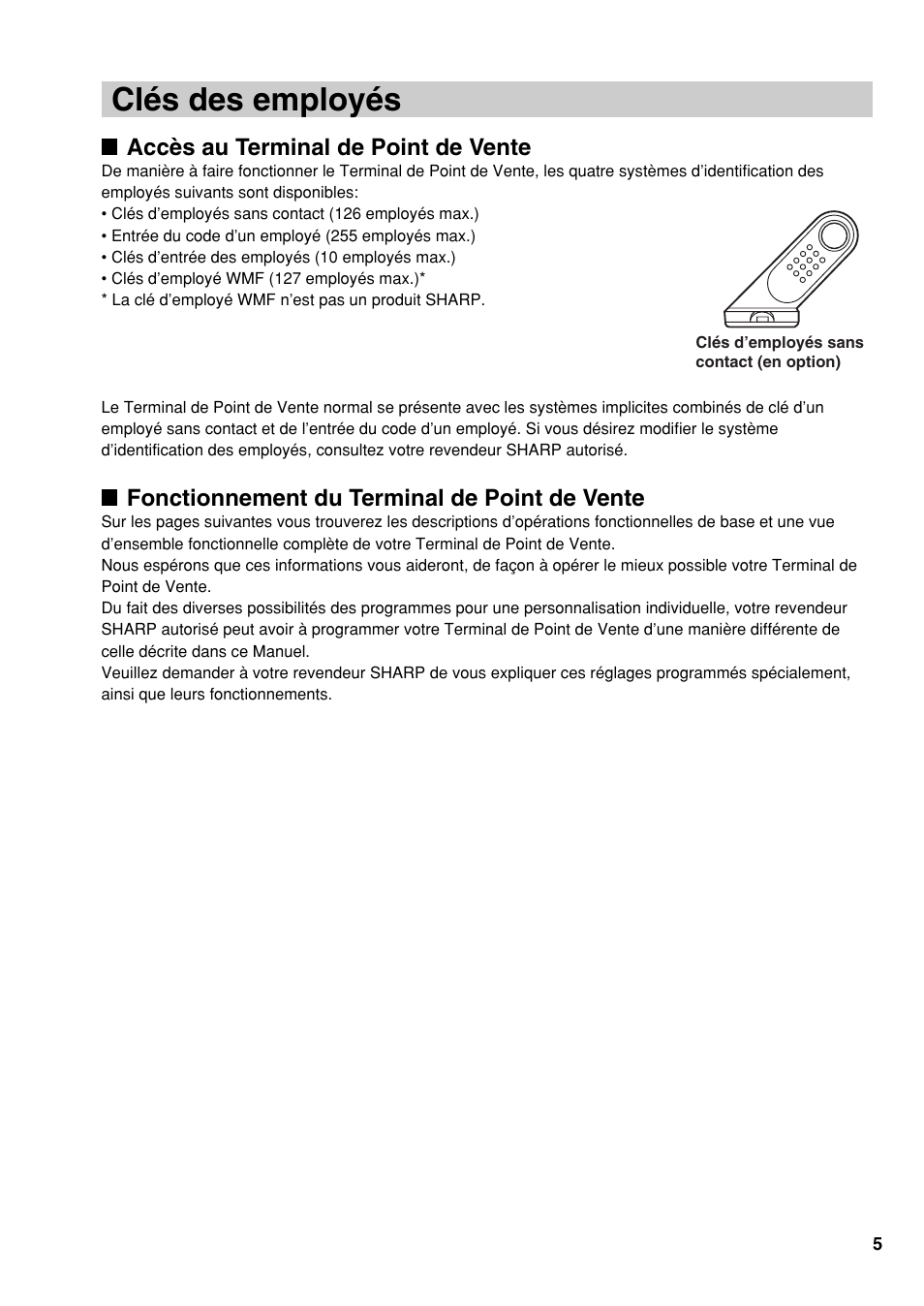 Clés des employés, Accès au terminal de point de vente, Fonctionnement du terminal de point de vente | Sharp UP-810F User Manual | Page 43 / 80