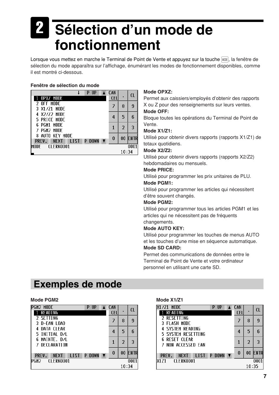 Sélection d’un mode de fonctionnement, Exemples de mode | Sharp UP-810F User Manual | Page 45 / 80