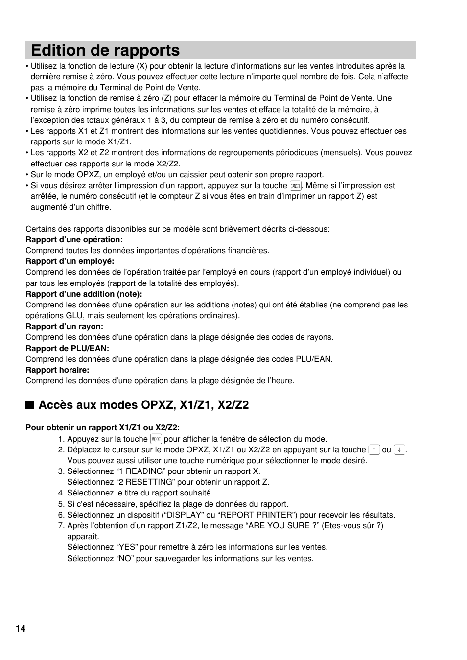 Edition de rapports, Accès aux modes opxz, x1/z1, x2/z2 | Sharp UP-810F User Manual | Page 52 / 80