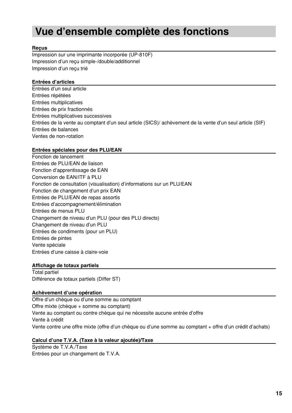 Vue d’ensemble complète des fonctions | Sharp UP-810F User Manual | Page 53 / 80