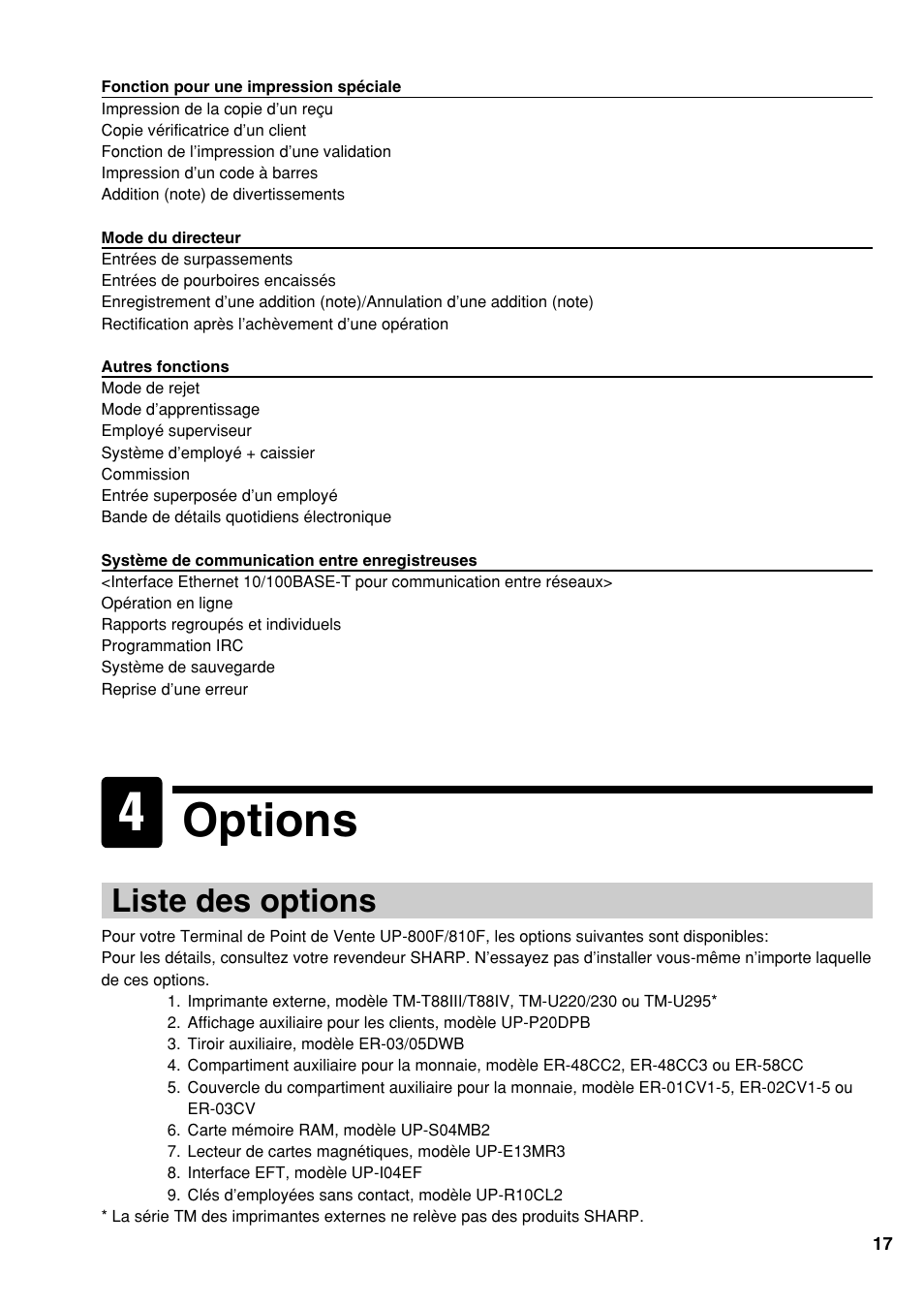 Options, Liste des options | Sharp UP-810F User Manual | Page 55 / 80