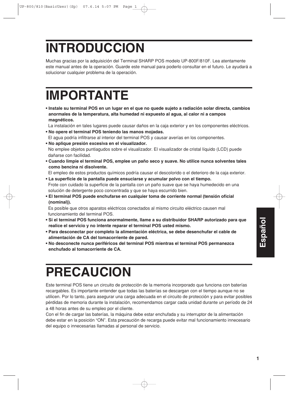 Introduccion, Importante, Precaucion | Español | Sharp UP-810F User Manual | Page 57 / 80