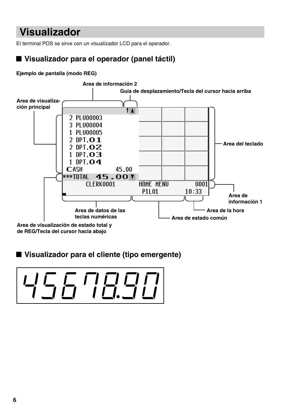 Visualizador, Visualizador para el operador (panel táctil), Visualizador para el cliente (tipo emergente) | Sharp UP-810F User Manual | Page 62 / 80