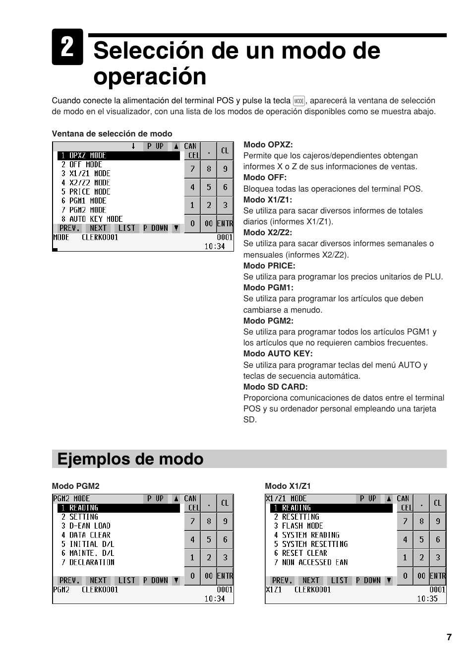 Selección de un modo de operación, Ejemplos de modo | Sharp UP-810F User Manual | Page 63 / 80