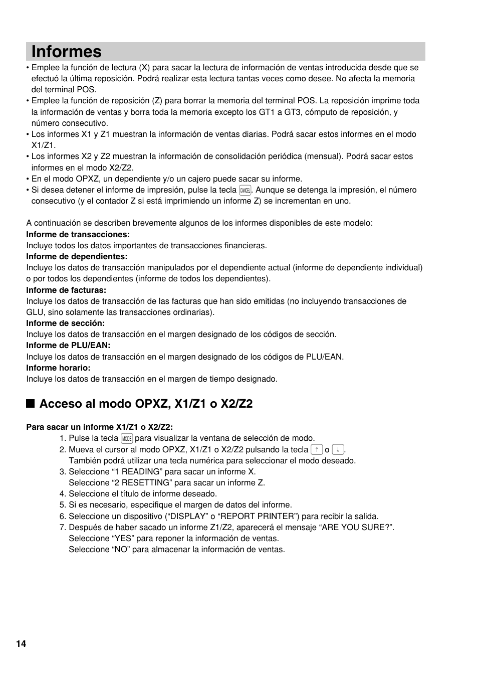 Informes, Acceso al modo opxz, x1/z1 o x2/z2 | Sharp UP-810F User Manual | Page 70 / 80