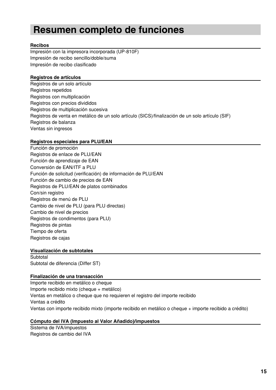 Resumen completo de funciones | Sharp UP-810F User Manual | Page 71 / 80
