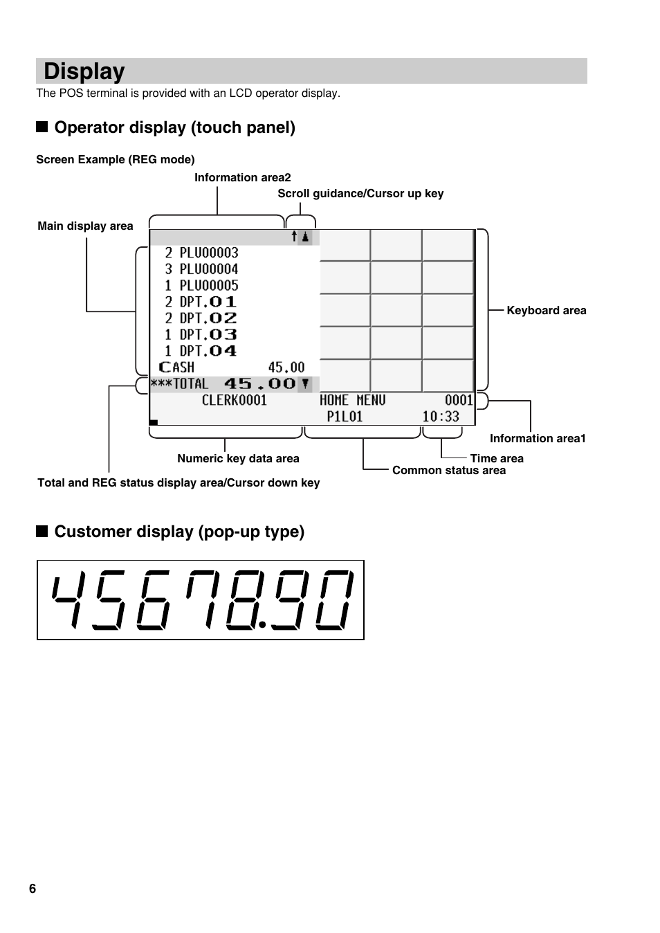 Display, Operator display (touch panel), Customer display (pop-up type) | Sharp UP-810F User Manual | Page 8 / 80