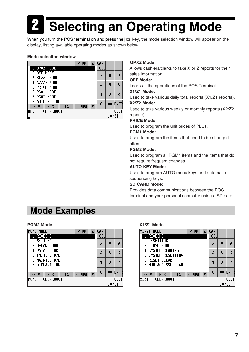 Selecting an operating mode, Mode examples | Sharp UP-810F User Manual | Page 9 / 80