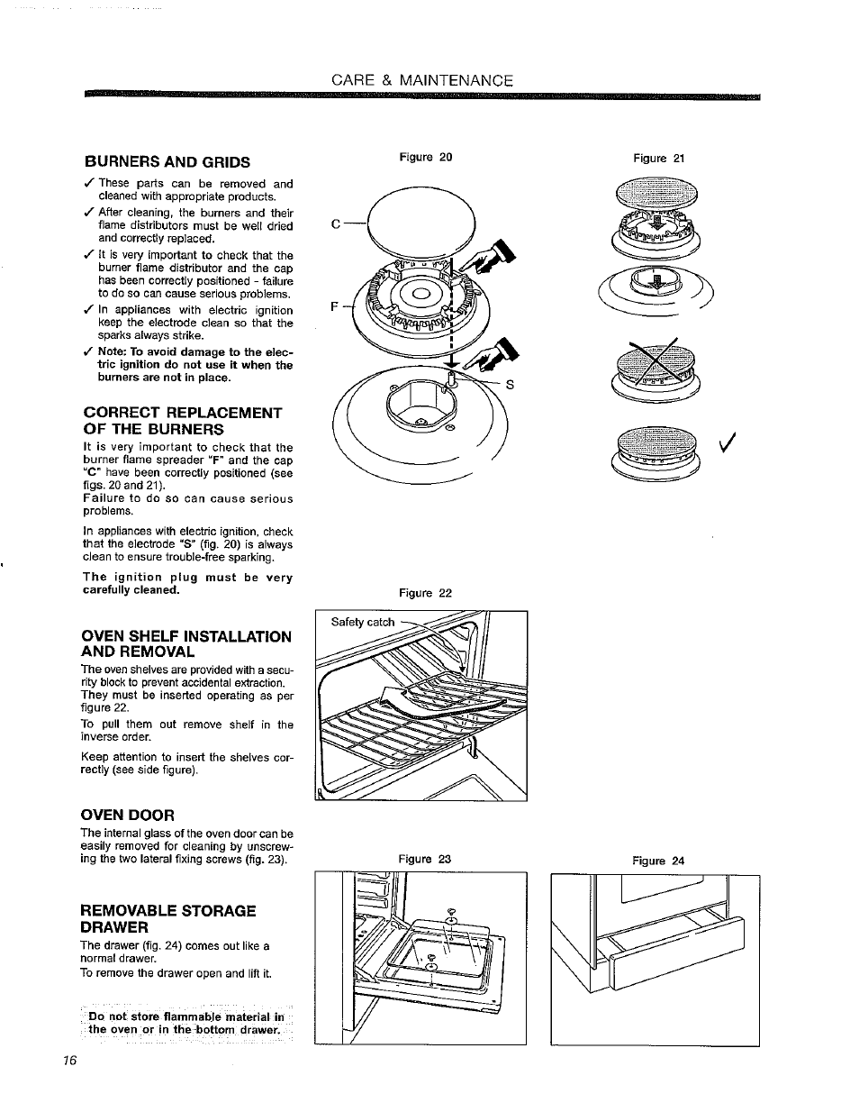 Burners and grids, Correct replacement of the burners, Oven shelf installation and removal | Oven door, Removable storage drawer, Care & maintenance | Avanti ELITE DG200W User Manual | Page 16 / 20