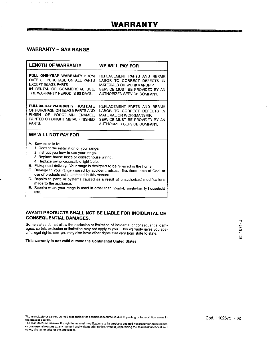 Warranty, Warranty - gas range | Avanti ELITE DG200W User Manual | Page 20 / 20