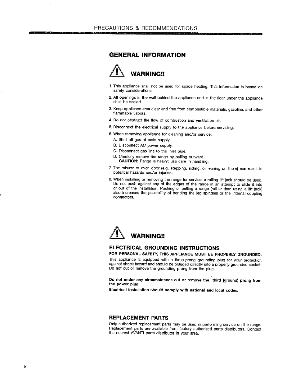 Electrical grounding instructions, Replacement parts, General information warning | Warning | Avanti ELITE DG200W User Manual | Page 8 / 20