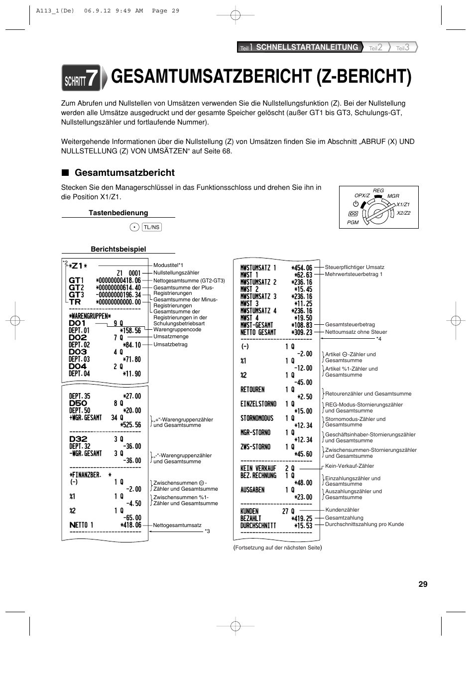 Gesamtumsatzbericht (z-bericht), Schritt, Gesamtumsatzbericht | Sharp XE-A113 User Manual | Page 111 / 404