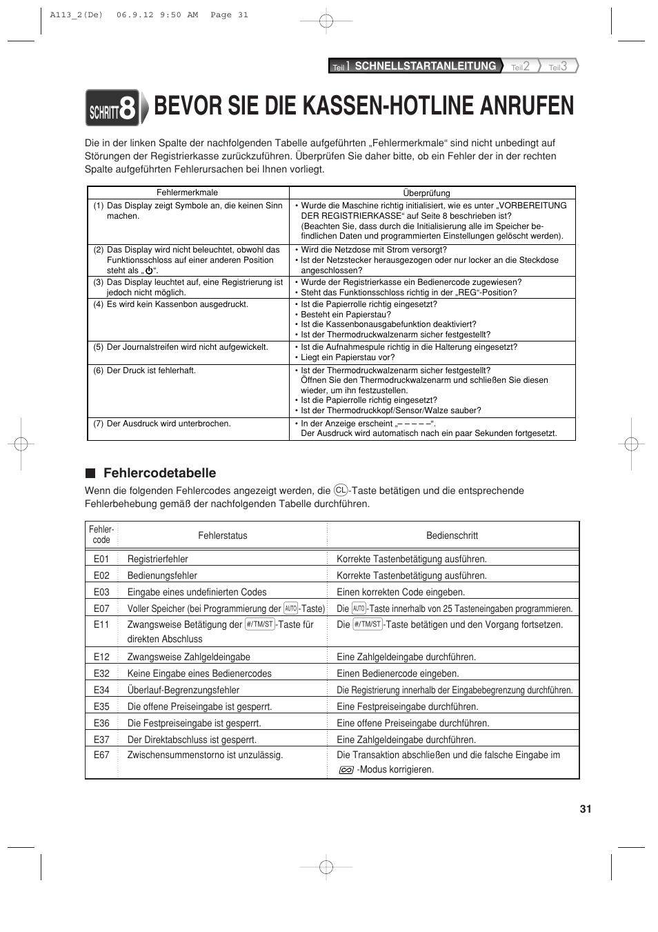 Bevor sie die kassen-hotline anrufen, Schritt, Fehlercodetabelle | Sharp XE-A113 User Manual | Page 113 / 404