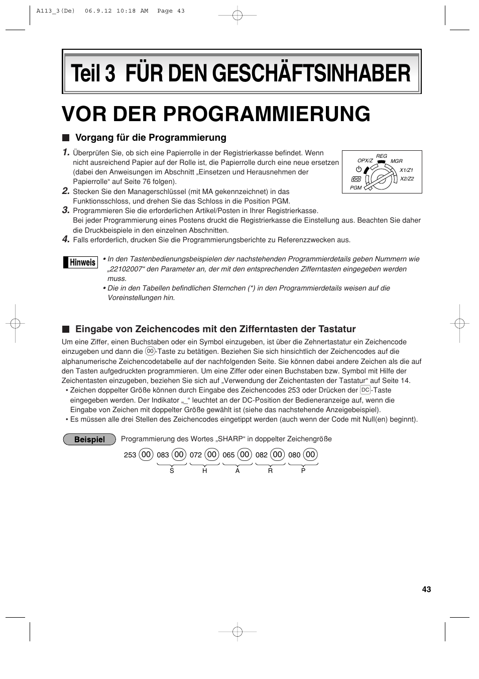 Teil 3 für den geschäftsinhaber, Vor der programmierung | Sharp XE-A113 User Manual | Page 125 / 404