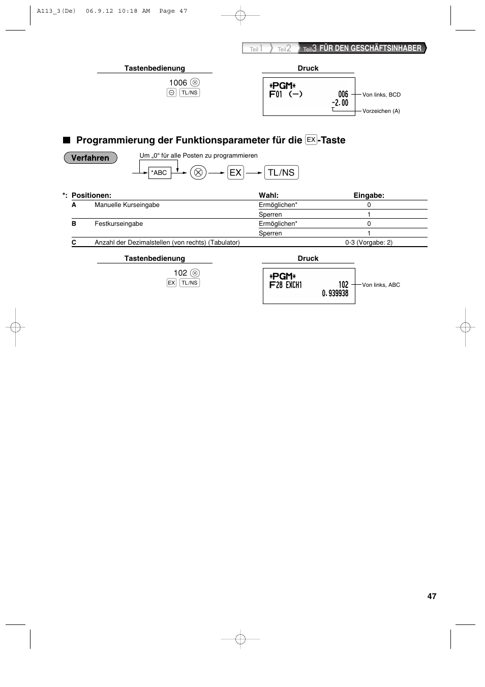 Programmierung der funktionsparameter für die, Taste | Sharp XE-A113 User Manual | Page 129 / 404