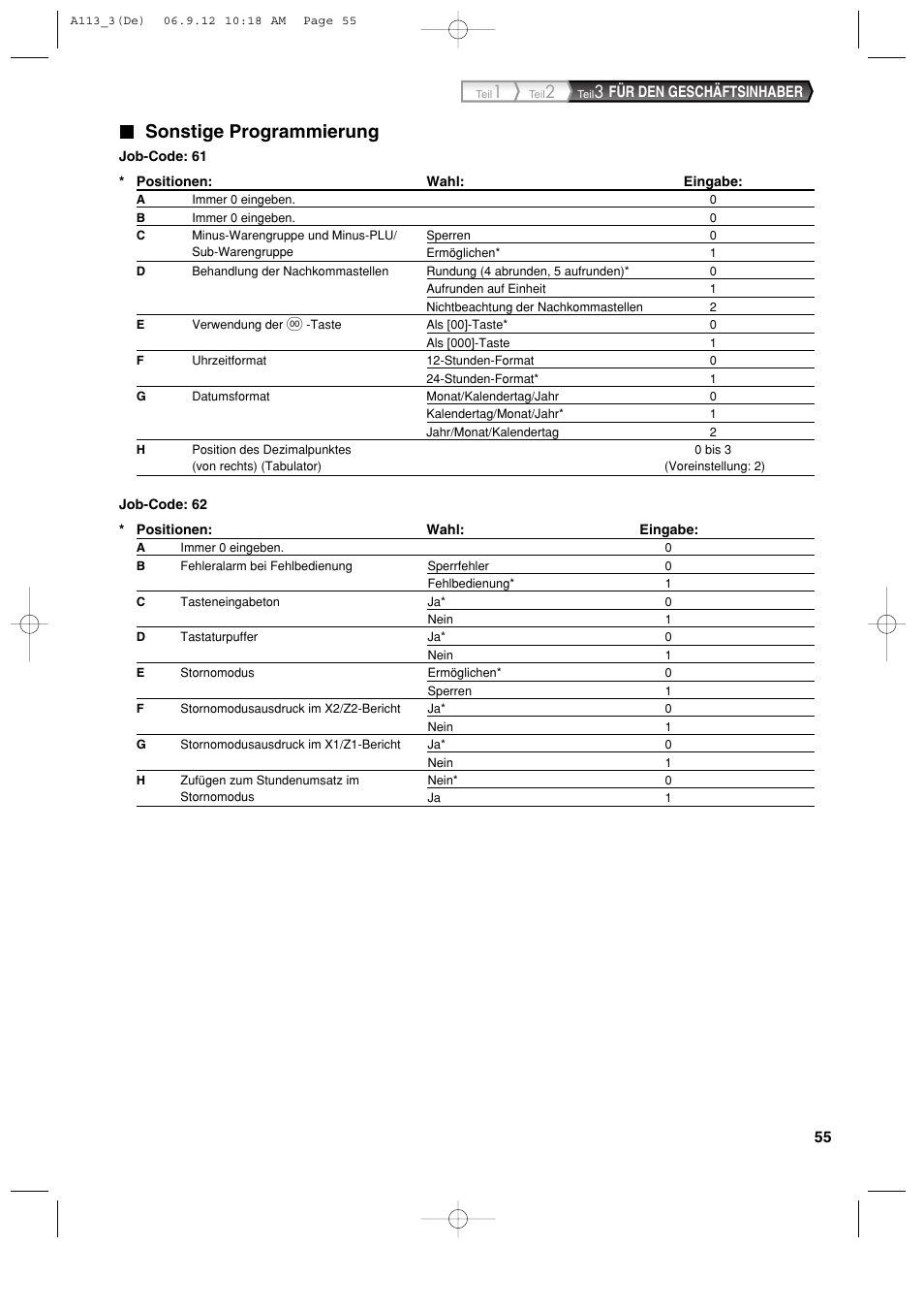 Sonstige programmierung, Für den geschäftsinhaber | Sharp XE-A113 User Manual | Page 137 / 404