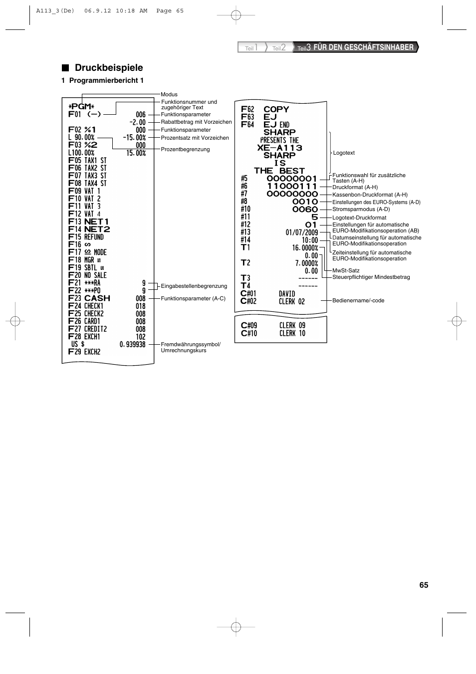 Druckbeispiele, Für den geschäftsinhaber | Sharp XE-A113 User Manual | Page 147 / 404