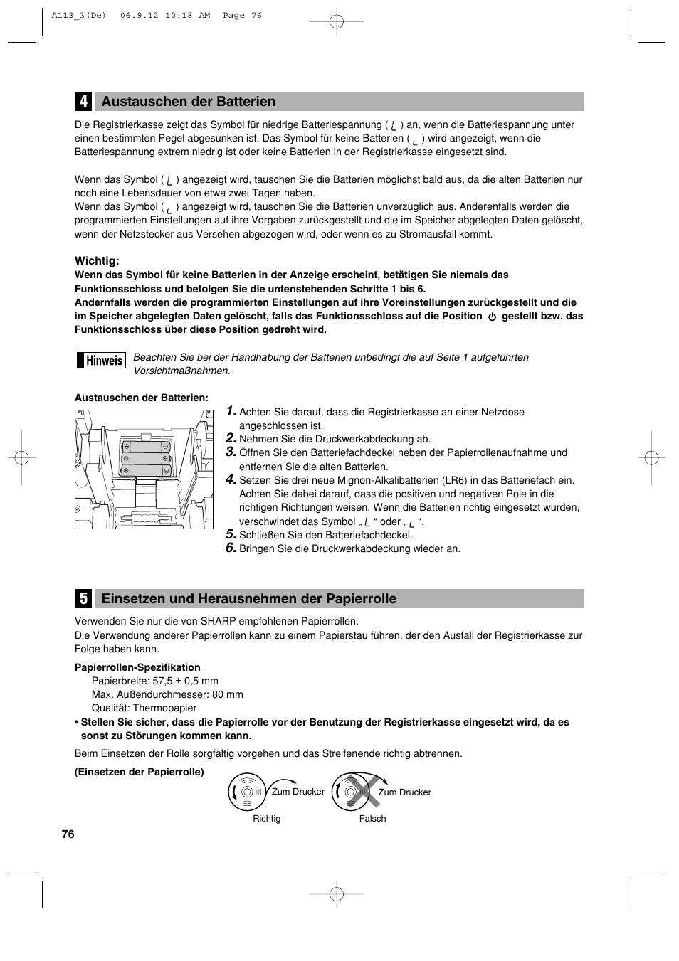 Einsetzen und herausnehmen der papierrolle, Austauschen der batterien | Sharp XE-A113 User Manual | Page 158 / 404