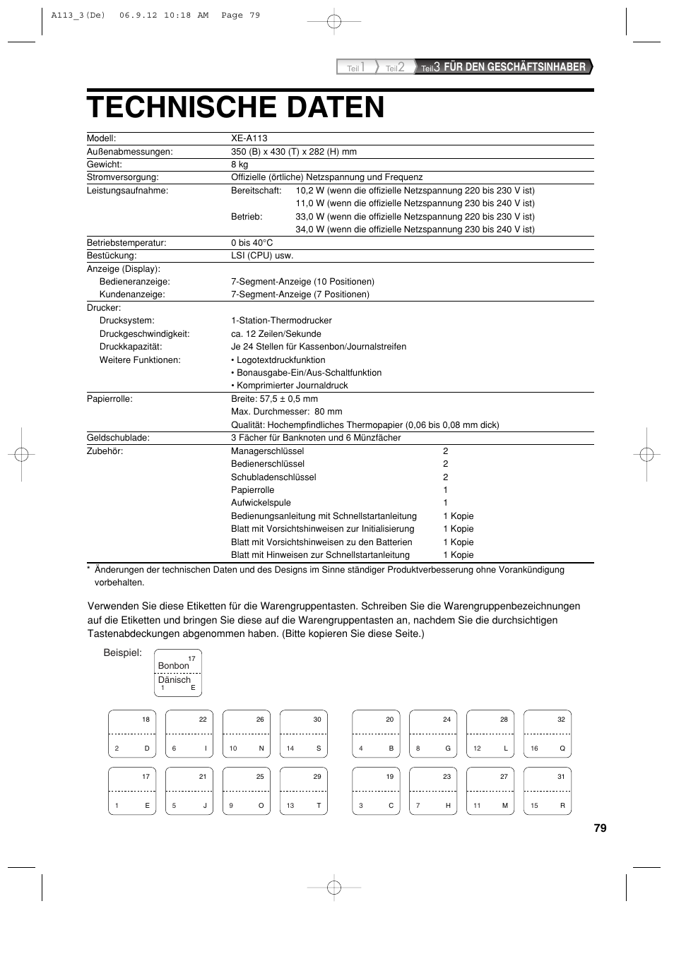 Technische daten, Für den geschäftsinhaber | Sharp XE-A113 User Manual | Page 161 / 404