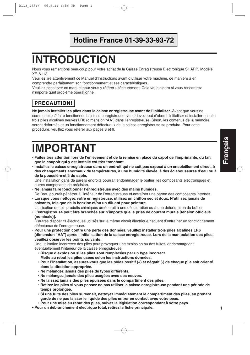 Introduction, Important, Français | Sharp XE-A113 User Manual | Page 163 / 404