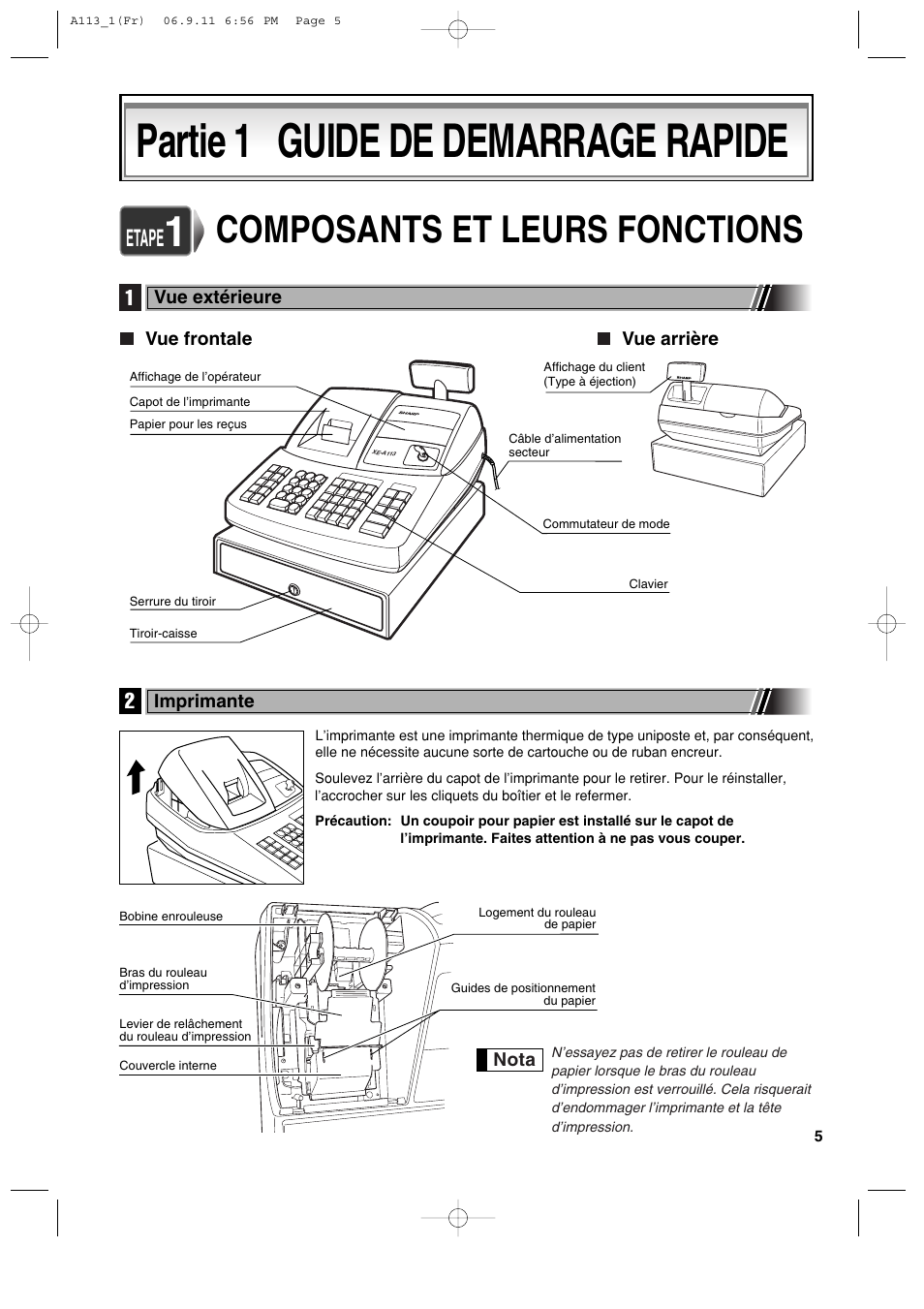 Partie 1 guide de demarrage rapide, Composants et leurs fonctions, Etape | Sharp XE-A113 User Manual | Page 167 / 404