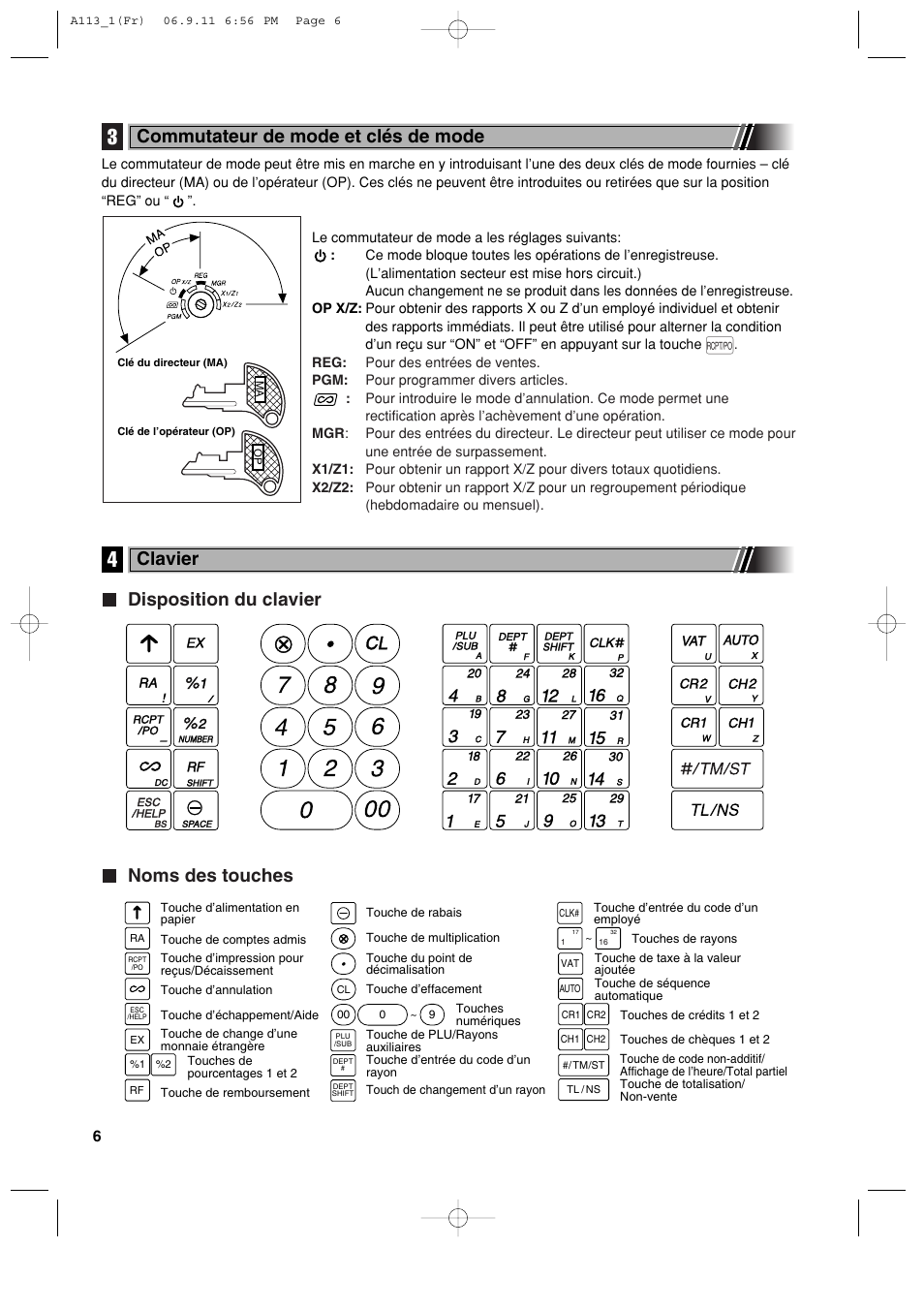 Disposition du clavier noms des touches, Commutateur de mode et clés de mode, Clavier | Sharp XE-A113 User Manual | Page 168 / 404