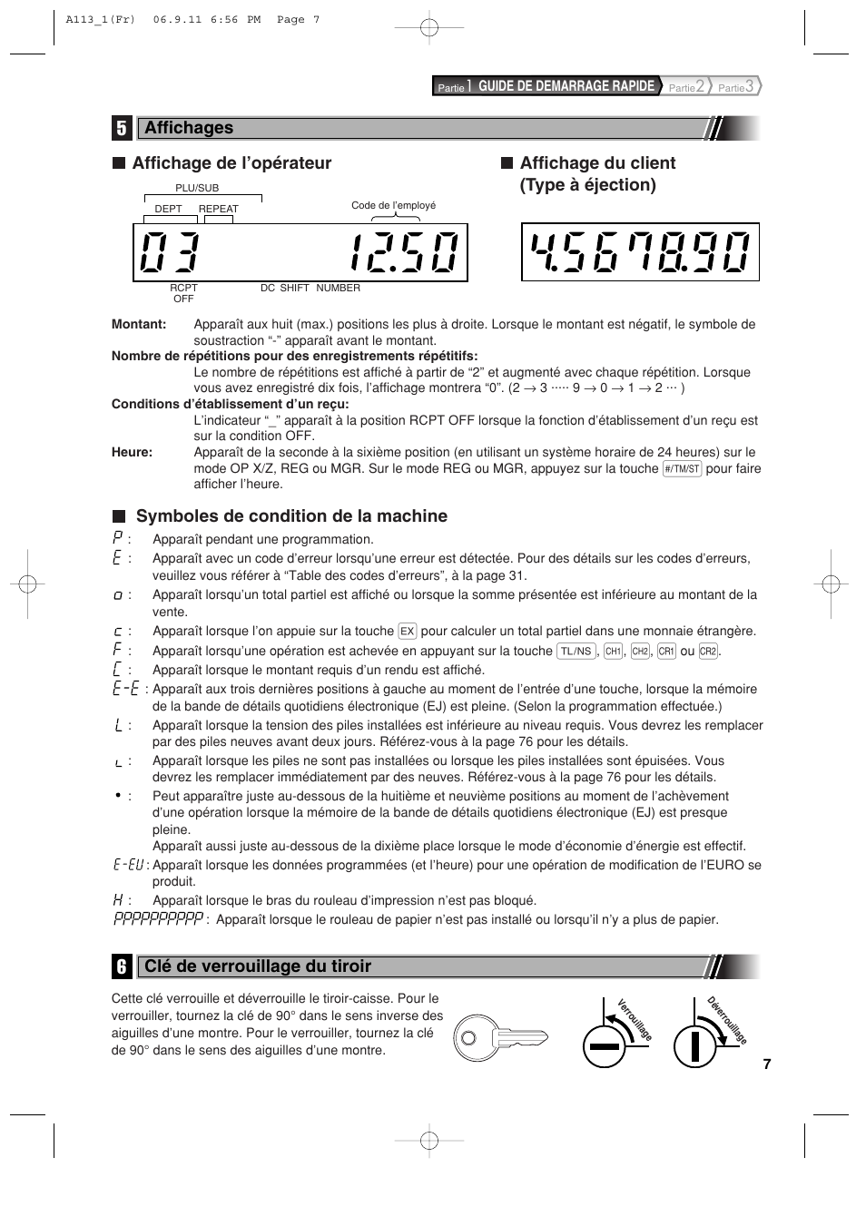 Symboles de condition de la machine, Affichages, Clé de verrouillage du tiroir | Sharp XE-A113 User Manual | Page 169 / 404