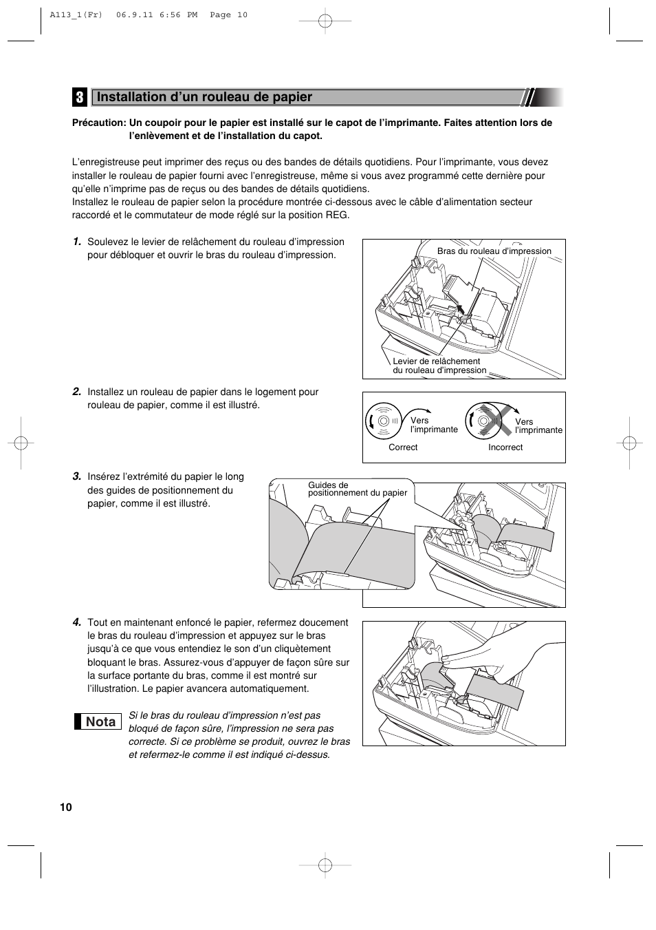 Nota, Installation d’un rouleau de papier | Sharp XE-A113 User Manual | Page 172 / 404