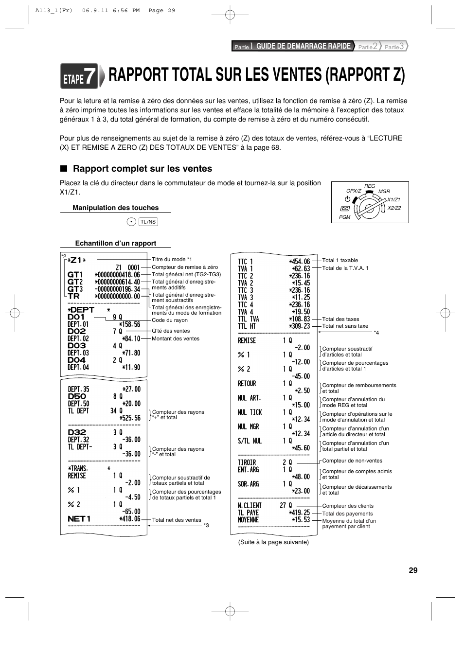 Rapport total sur les ventes (rapport z), Etape, Rapport complet sur les ventes | Sharp XE-A113 User Manual | Page 191 / 404