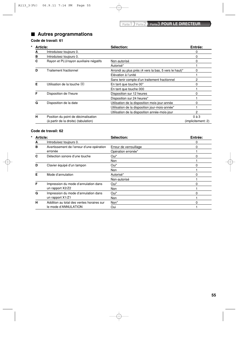 Autres programmations, Pour le directeur | Sharp XE-A113 User Manual | Page 217 / 404