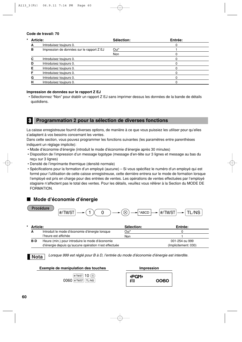 Mode d’économie d’énergie, Nota | Sharp XE-A113 User Manual | Page 222 / 404