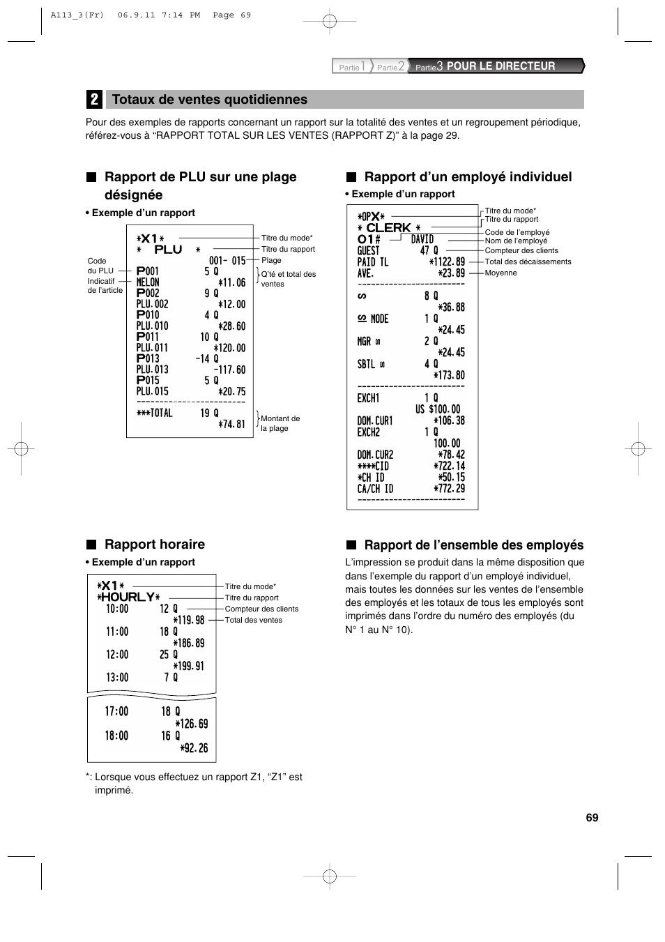 Rapport de plu sur une plage désignée, Rapport horaire, Rapport d’un employé individuel | Rapport de l’ensemble des employés, Totaux de ventes quotidiennes | Sharp XE-A113 User Manual | Page 231 / 404