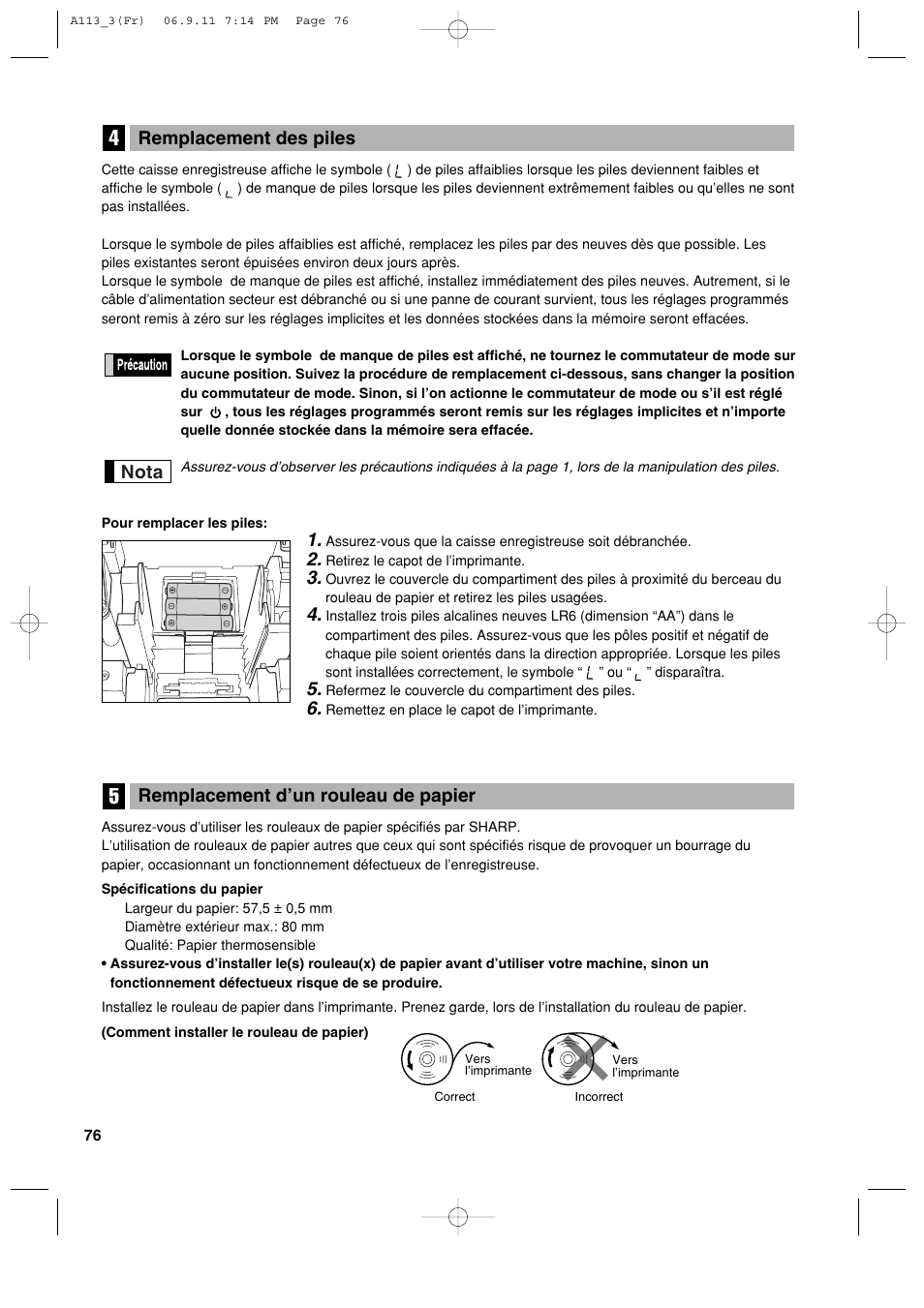 Remplacement d’un rouleau de papier, Nota remplacement des piles | Sharp XE-A113 User Manual | Page 238 / 404