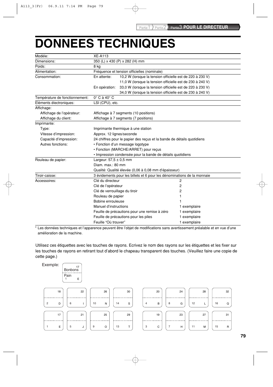 Donnees techniques, Pour le directeur | Sharp XE-A113 User Manual | Page 241 / 404