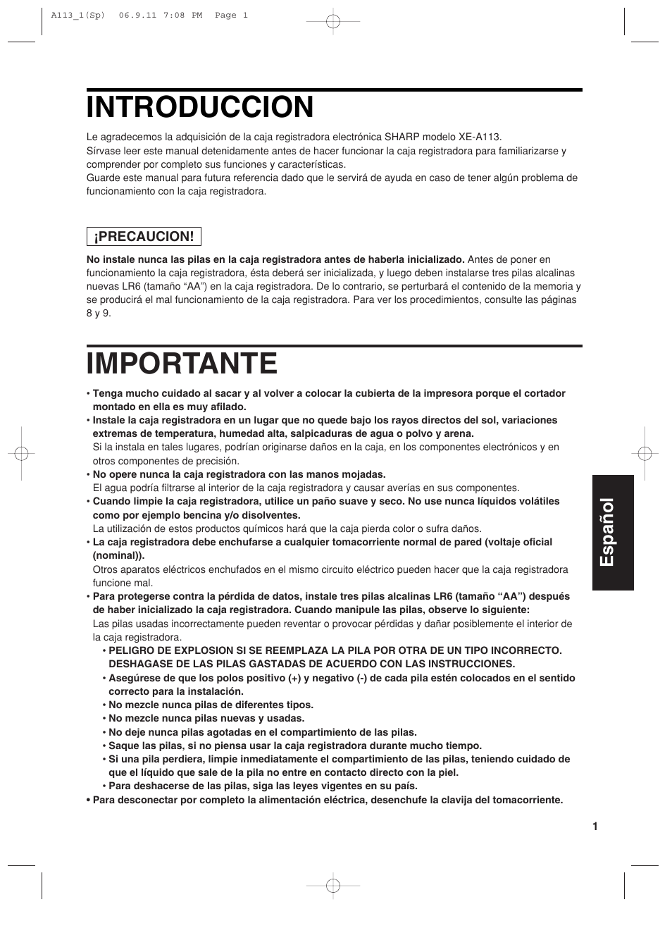 Introduccion, Importante, English | Español | Sharp XE-A113 User Manual | Page 243 / 404