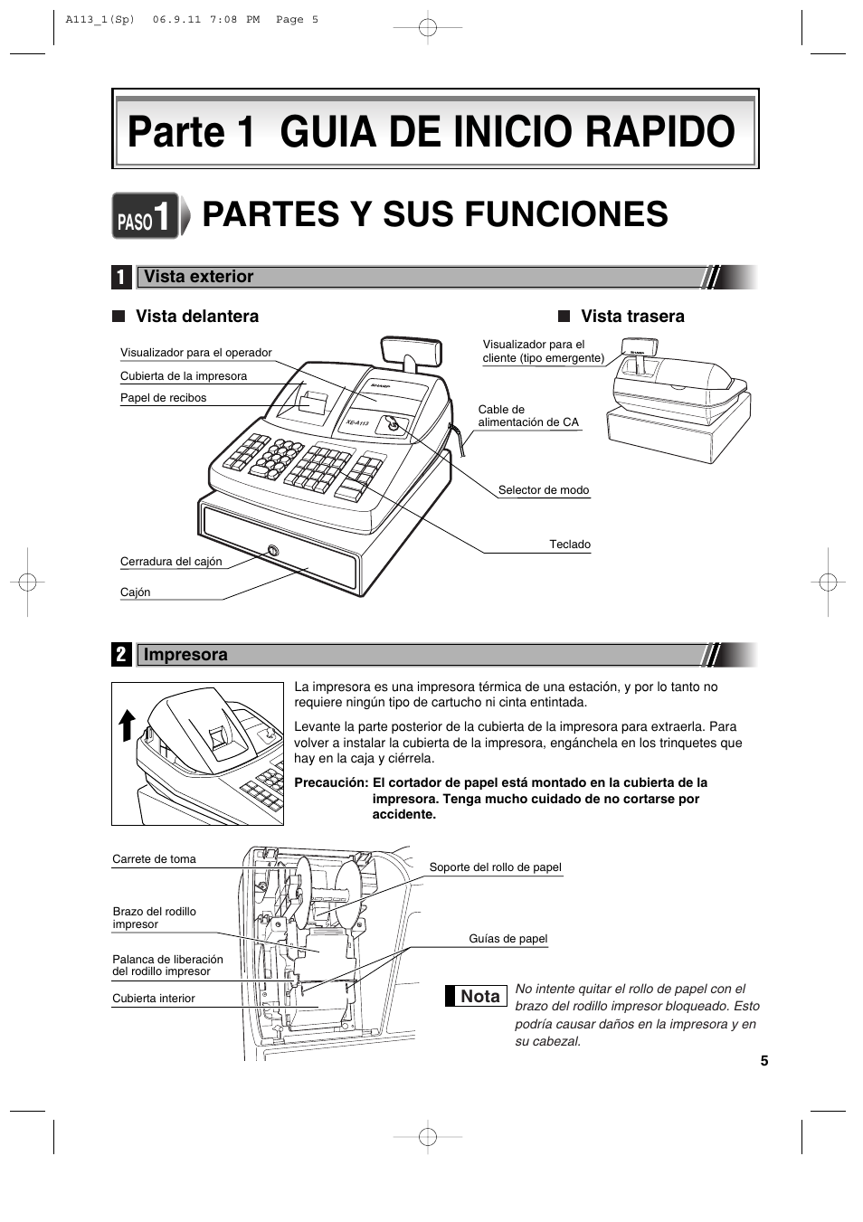 Parte 1 guia de inicio rapido, Partes y sus funciones, Paso | Sharp XE-A113 User Manual | Page 247 / 404