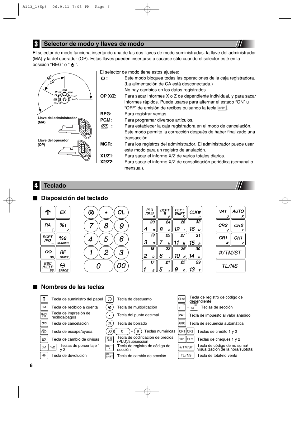 Disposición del teclado nombres de las teclas, Selector de modo y llaves de modo, Teclado | Sharp XE-A113 User Manual | Page 248 / 404