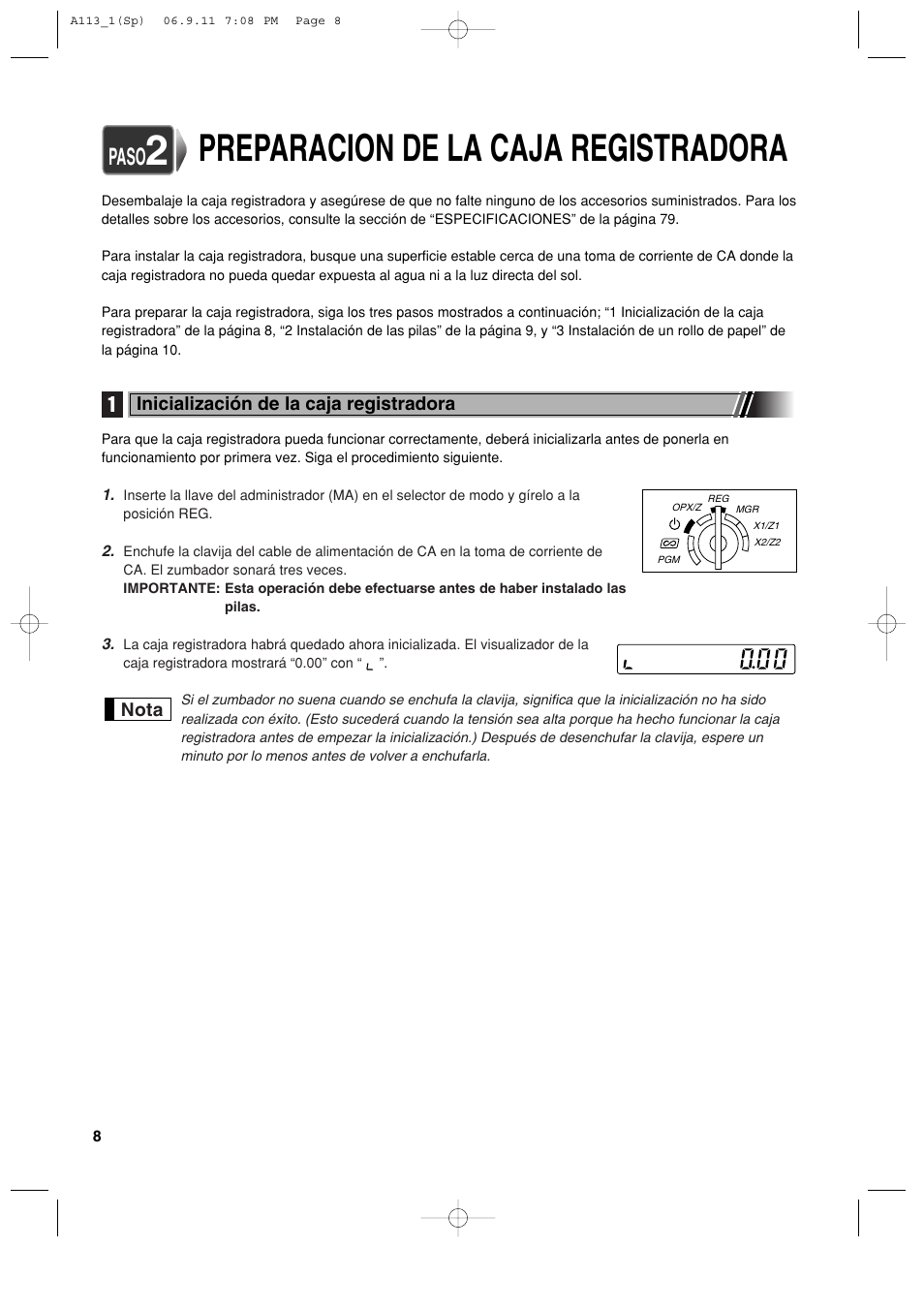 Preparacion de la caja registradora, Paso | Sharp XE-A113 User Manual | Page 250 / 404