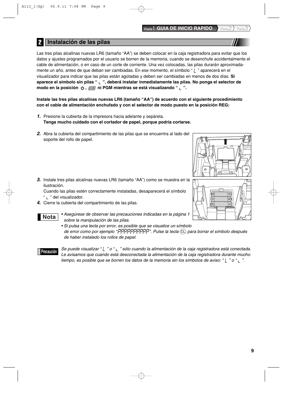 Nota, Instalación de las pilas | Sharp XE-A113 User Manual | Page 251 / 404