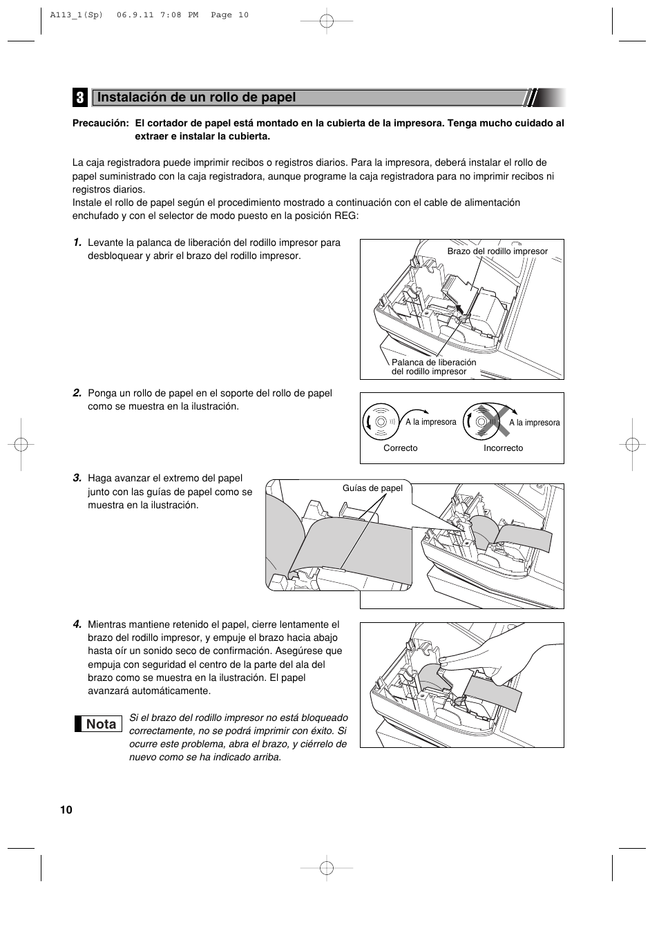Nota, Instalación de un rollo de papel | Sharp XE-A113 User Manual | Page 252 / 404