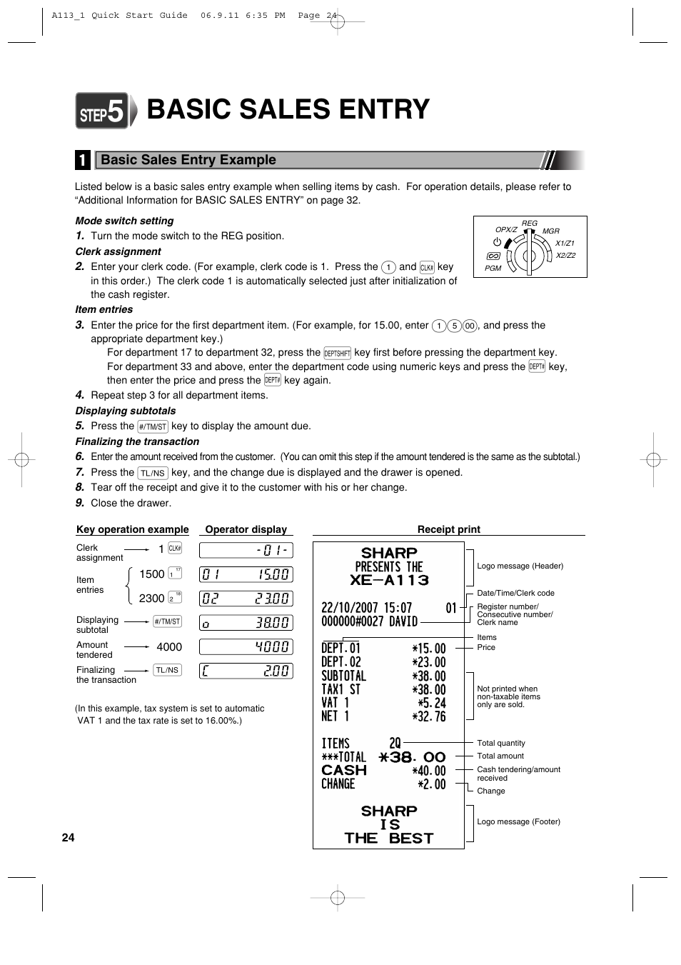 Basic sales entry, Step, Basic sales entry example | Sharp XE-A113 User Manual | Page 26 / 404