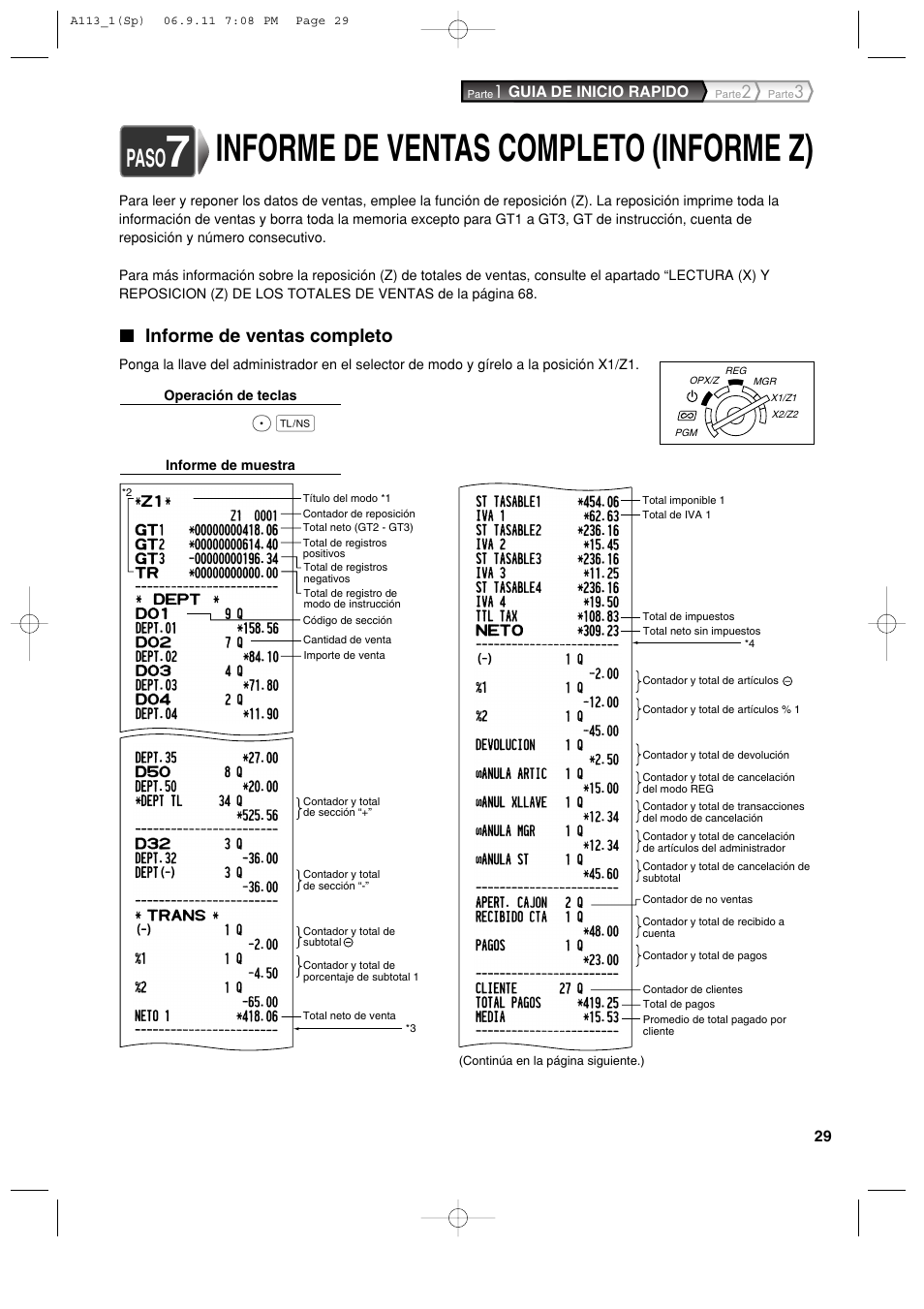 Informe de ventas completo (informe z), Paso, Informe de ventas completo | Sharp XE-A113 User Manual | Page 271 / 404