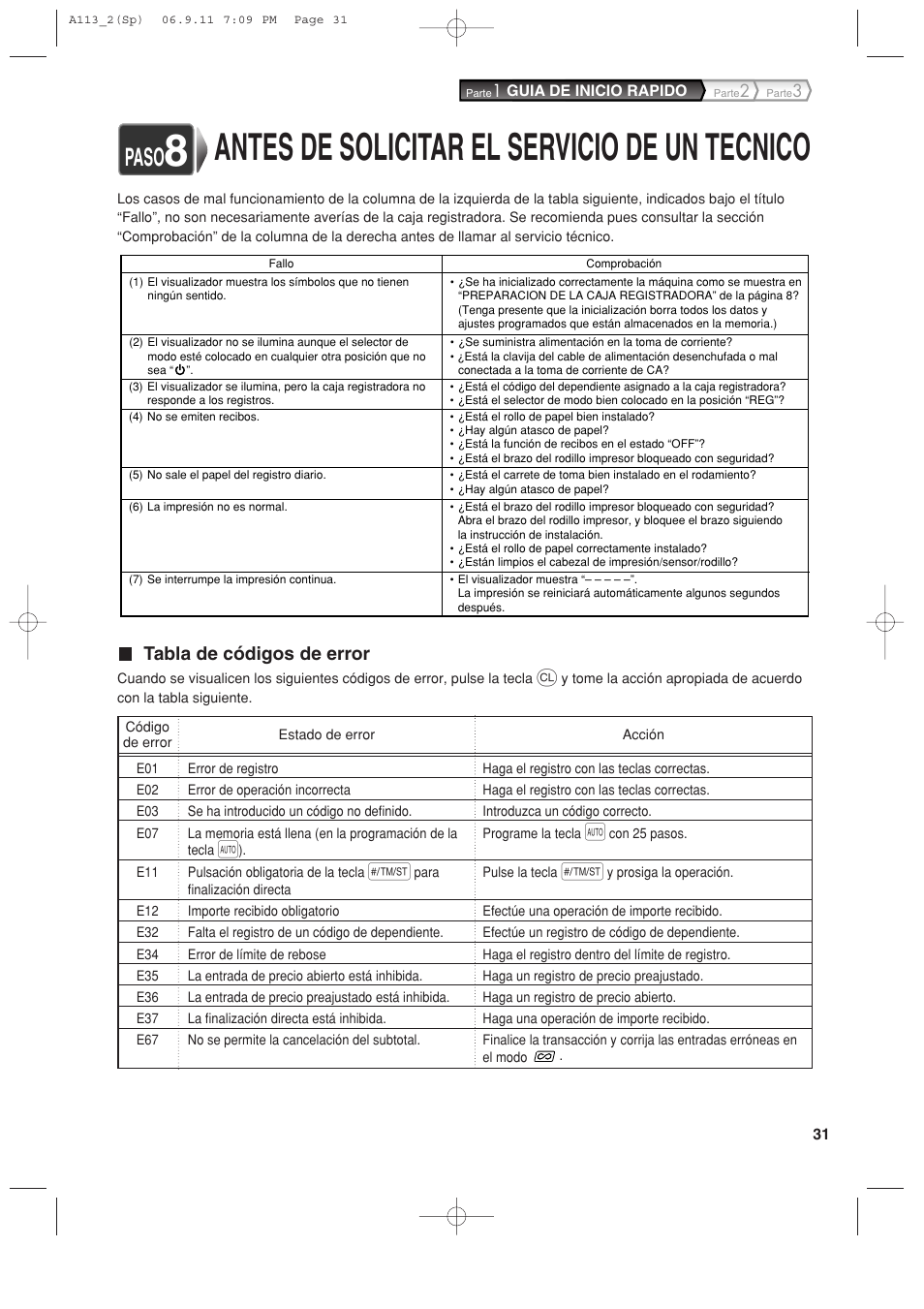 Antes de solicitar el servicio de un tecnico, Paso, Tabla de códigos de error | Sharp XE-A113 User Manual | Page 273 / 404