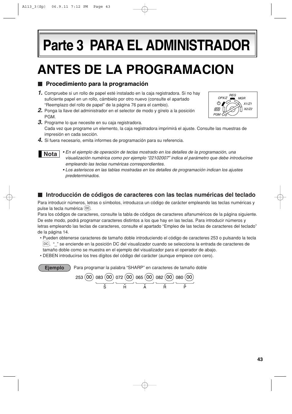 Parte 3 para el administrador, Antes de la programacion | Sharp XE-A113 User Manual | Page 285 / 404