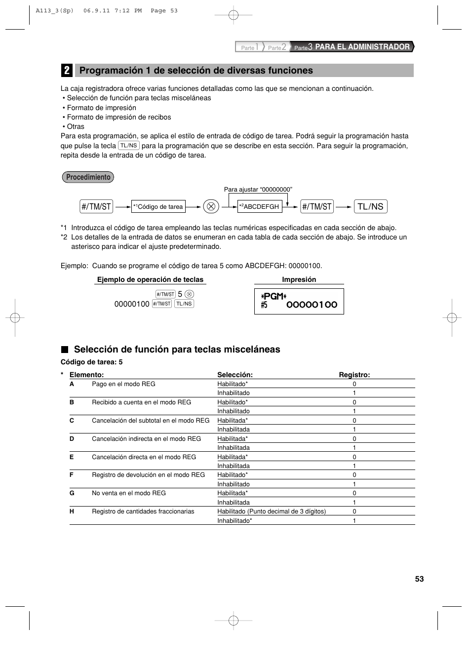 Selección de función para teclas misceláneas, Programación 1 de selección de diversas funciones | Sharp XE-A113 User Manual | Page 295 / 404