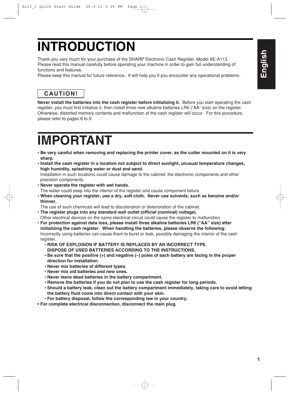 Introduction, Important, English | Sharp XE-A113 User Manual | Page 3 / 404