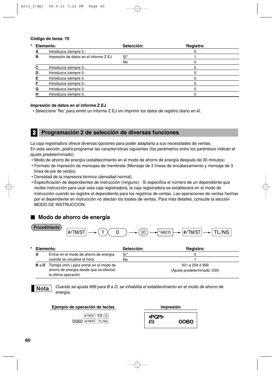 Modo de ahorro de energía, Nota, Programación 2 de selección de diversas funciones | Sharp XE-A113 User Manual | Page 302 / 404